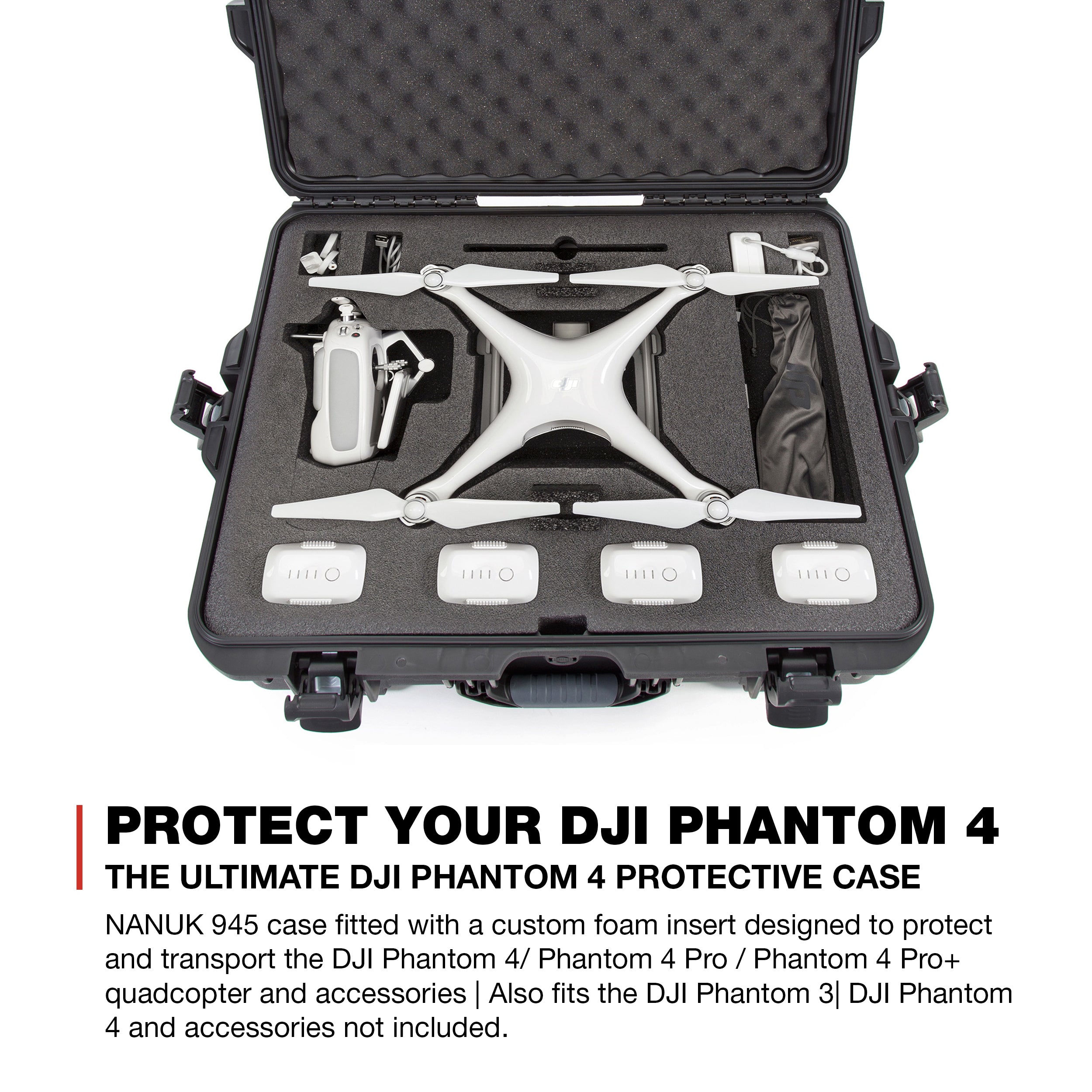 Nanuk 945-DJI41 Waterproof Hard Drone Case with Custom Foam Insert for DJI Phantom 4/ Phantom 4 Pro (Pro+) / Advanced (Advanced+) & Phantom 3 - Black