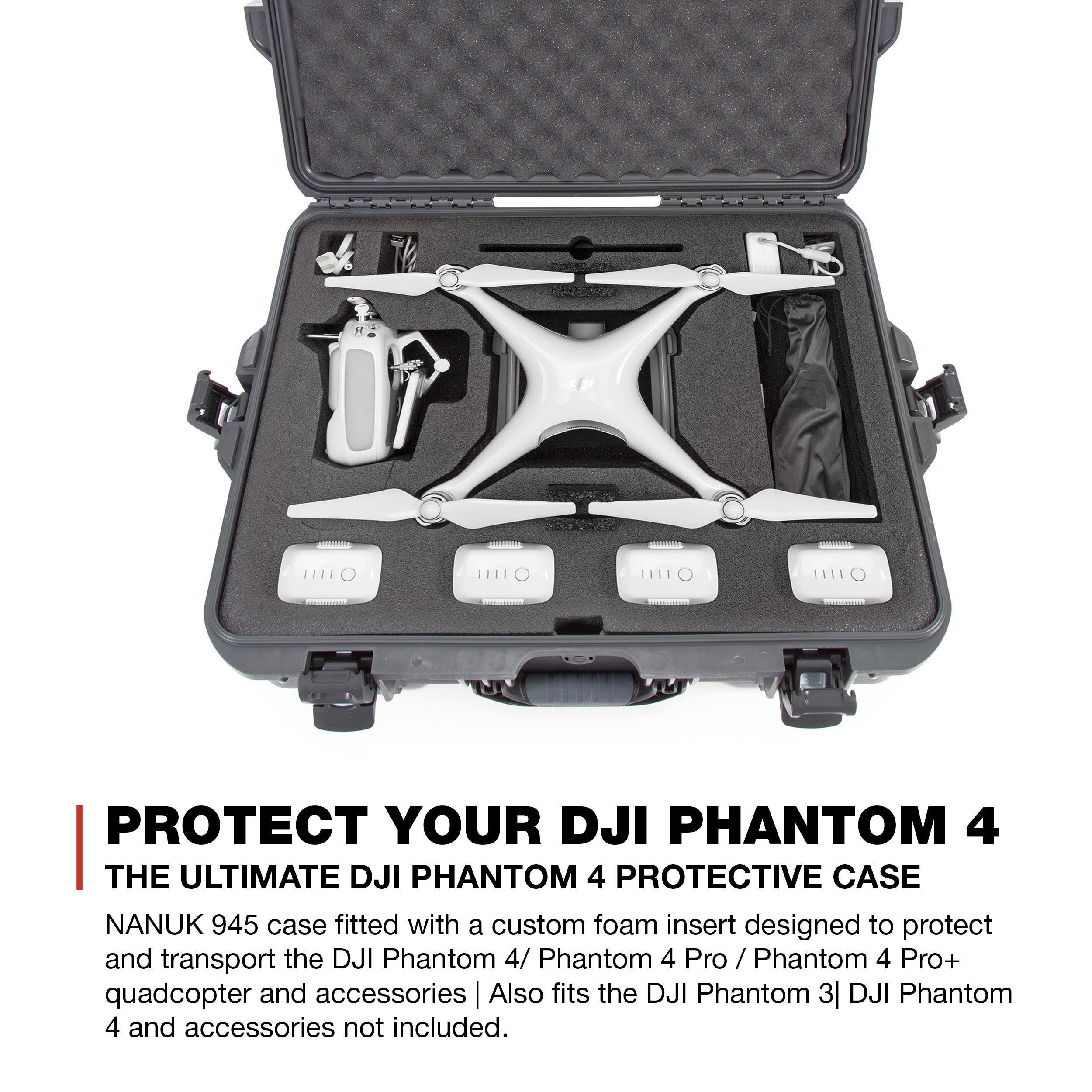 Nanuk 945-DJI47 Waterproof Hard Drone Case with Custom Foam Insert for DJI Phantom 4/ Phantom 4 Pro (Pro+) / Advanced (Advanced+) & Phantom 3 - Graphite