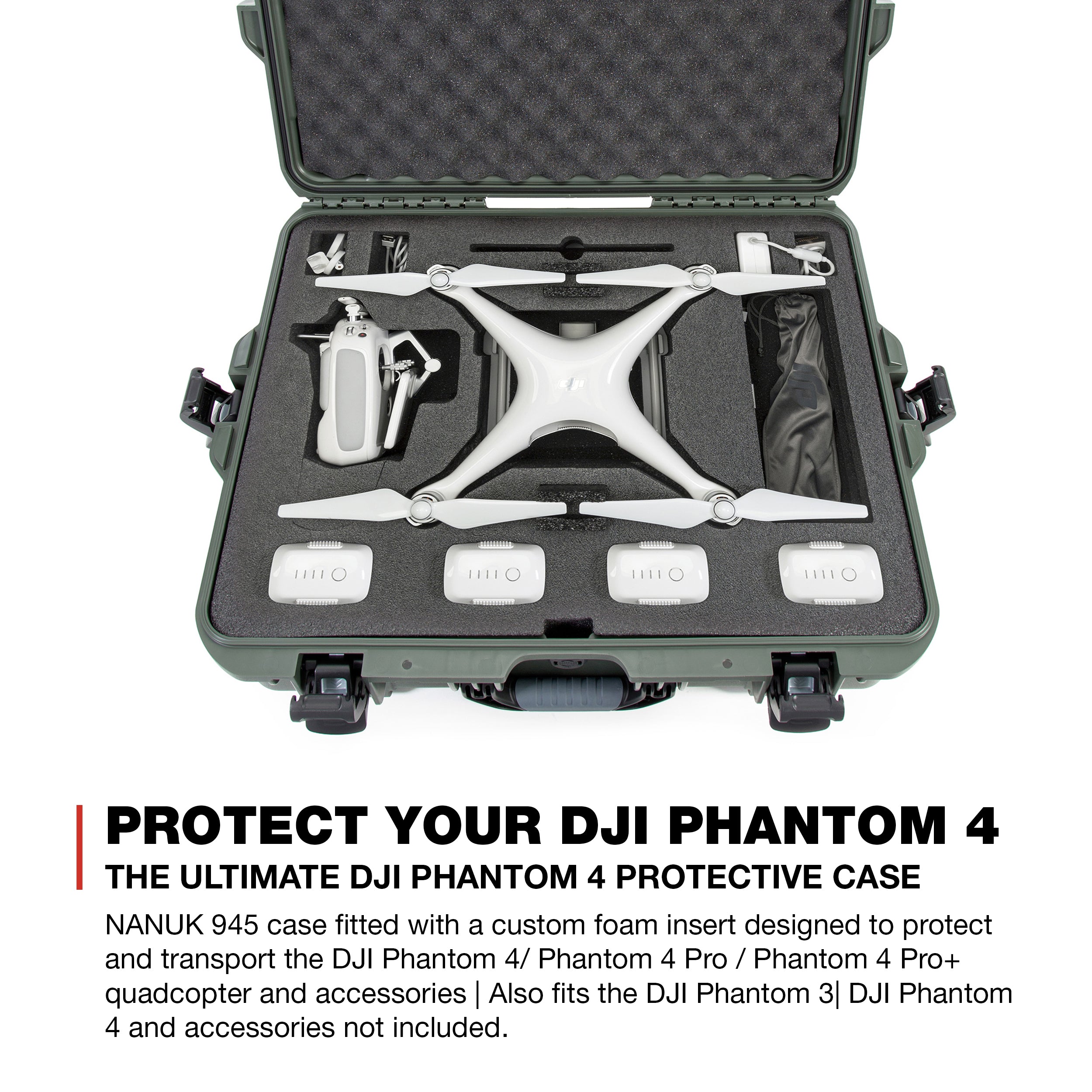 Nanuk 945-DJI46 Waterproof Hard Drone Case with Custom Foam Insert for DJI Phantom 4/ Phantom 4 Pro (Pro+) / Advanced (Advanced+) & Phantom 3 - Olive