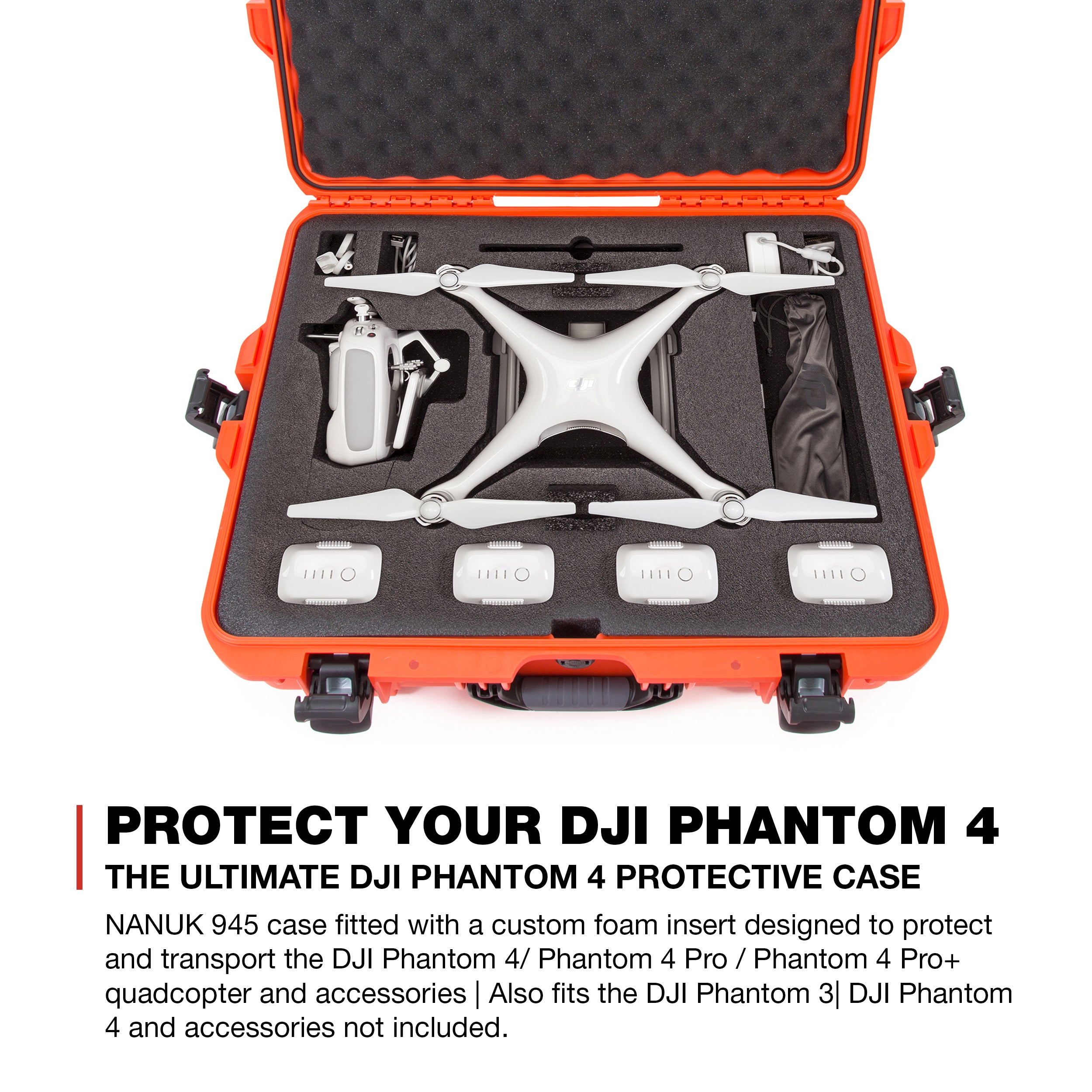 Nanuk 945-DJI43 Waterproof Hard Drone Case with Custom Foam Insert for DJI Phantom 4/ Phantom 4 Pro (Pro+) / Advanced (Advanced+) & Phantom 3 - Orange
