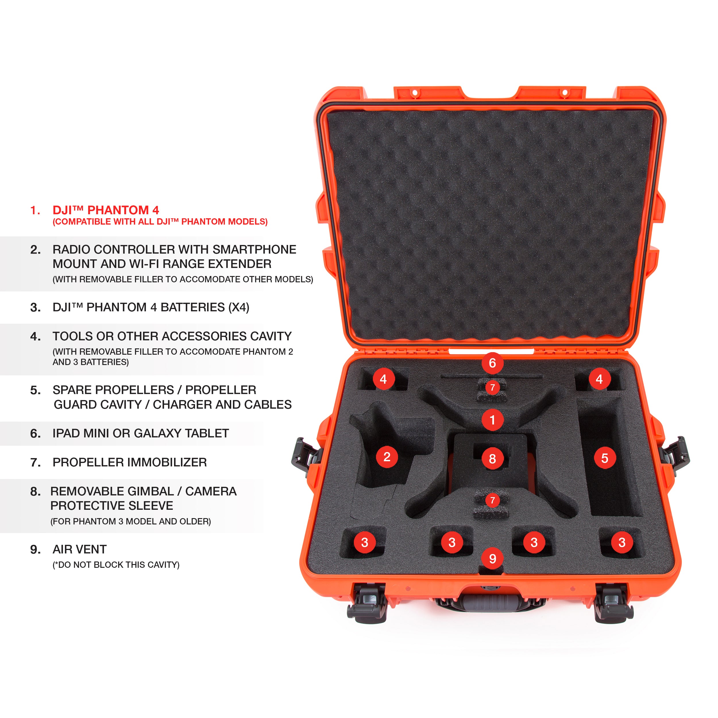 Nanuk 945-DJI43 Waterproof Hard Drone Case with Custom Foam Insert for DJI Phantom 4/ Phantom 4 Pro (Pro+) / Advanced (Advanced+) & Phantom 3 - Orange