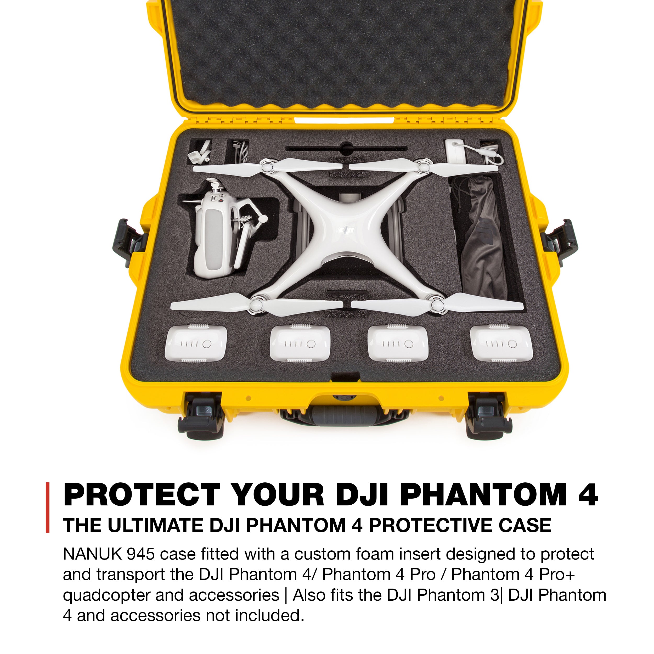 Nanuk 945-DJI44 Waterproof Hard Drone Case with Custom Foam Insert for DJI Phantom 4/ Phantom 4 Pro (Pro+) / Advanced (Advanced+) & Phantom 3 - Yellow