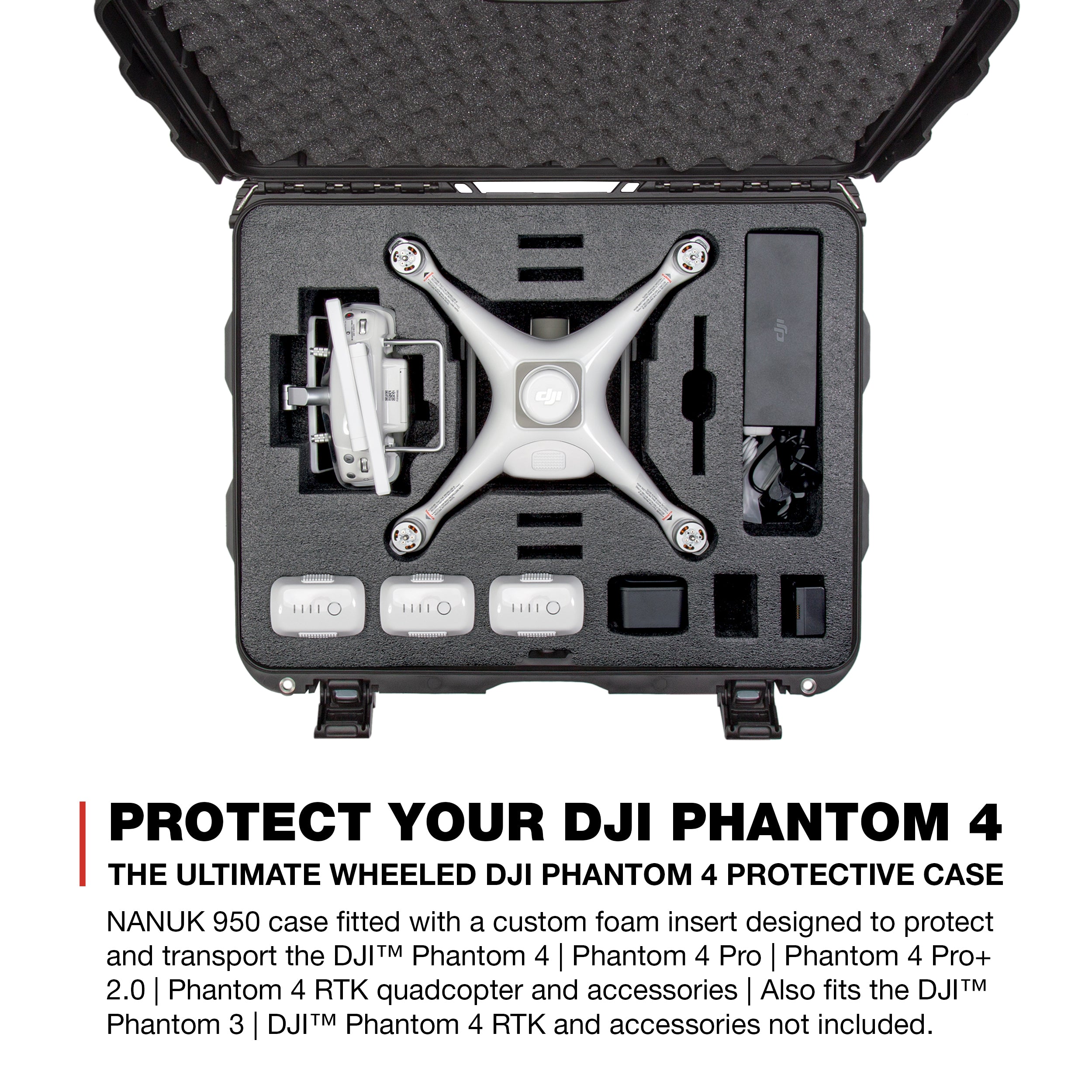 Nanuk 950 Waterproof Hard Drone Case with Wheels and Custom Foam Insert for DJI Phantom 4/ Phantom 4 Pro (Pro+) / Advanced (Advanced+) & Phantom 3 - Black