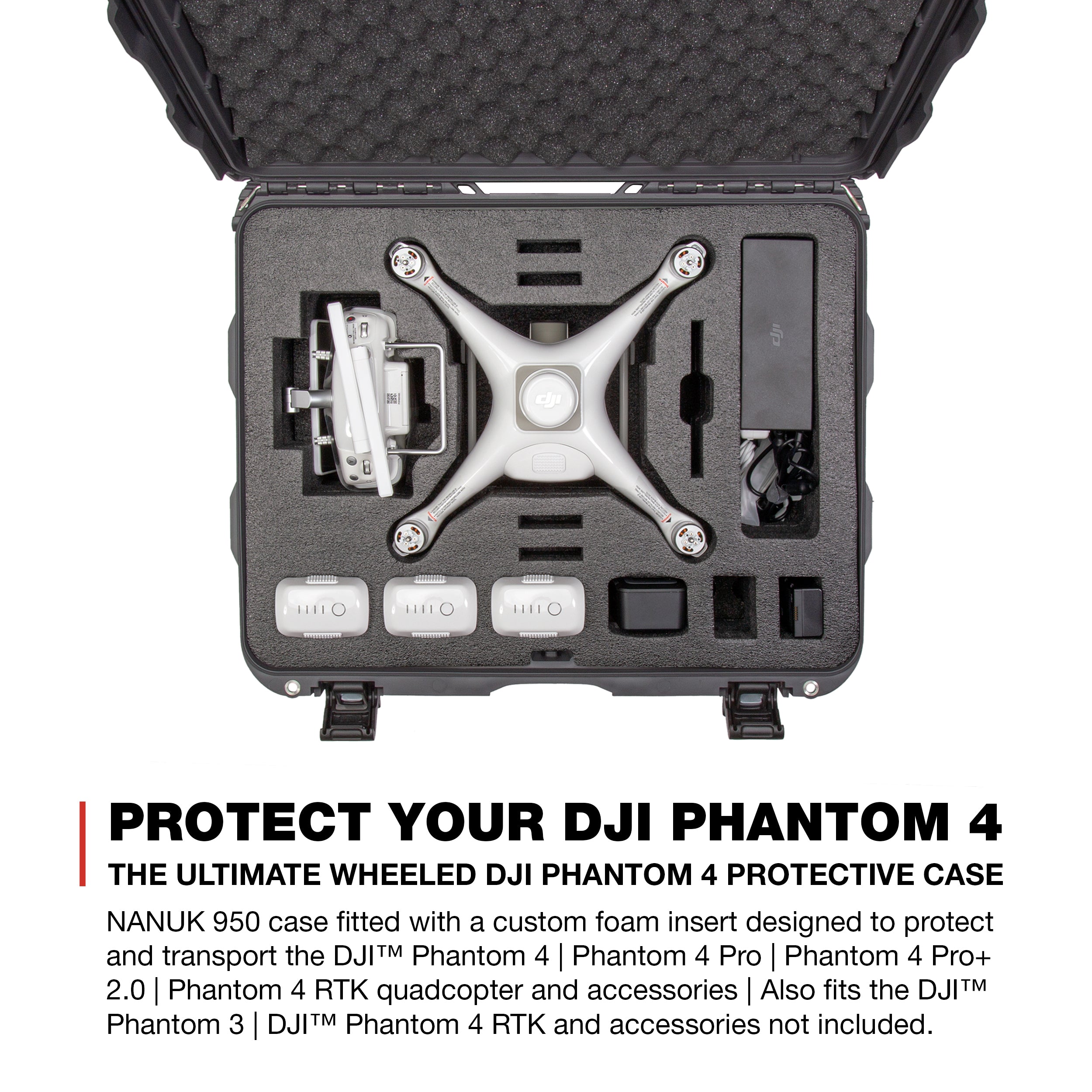 Nanuk 950 Waterproof Hard Drone Case with Wheels and Custom Foam Insert for DJI Phantom 4/ Phantom 4 Pro (Pro+) / Advanced (Advanced+) & Phantom 3 - Graphite