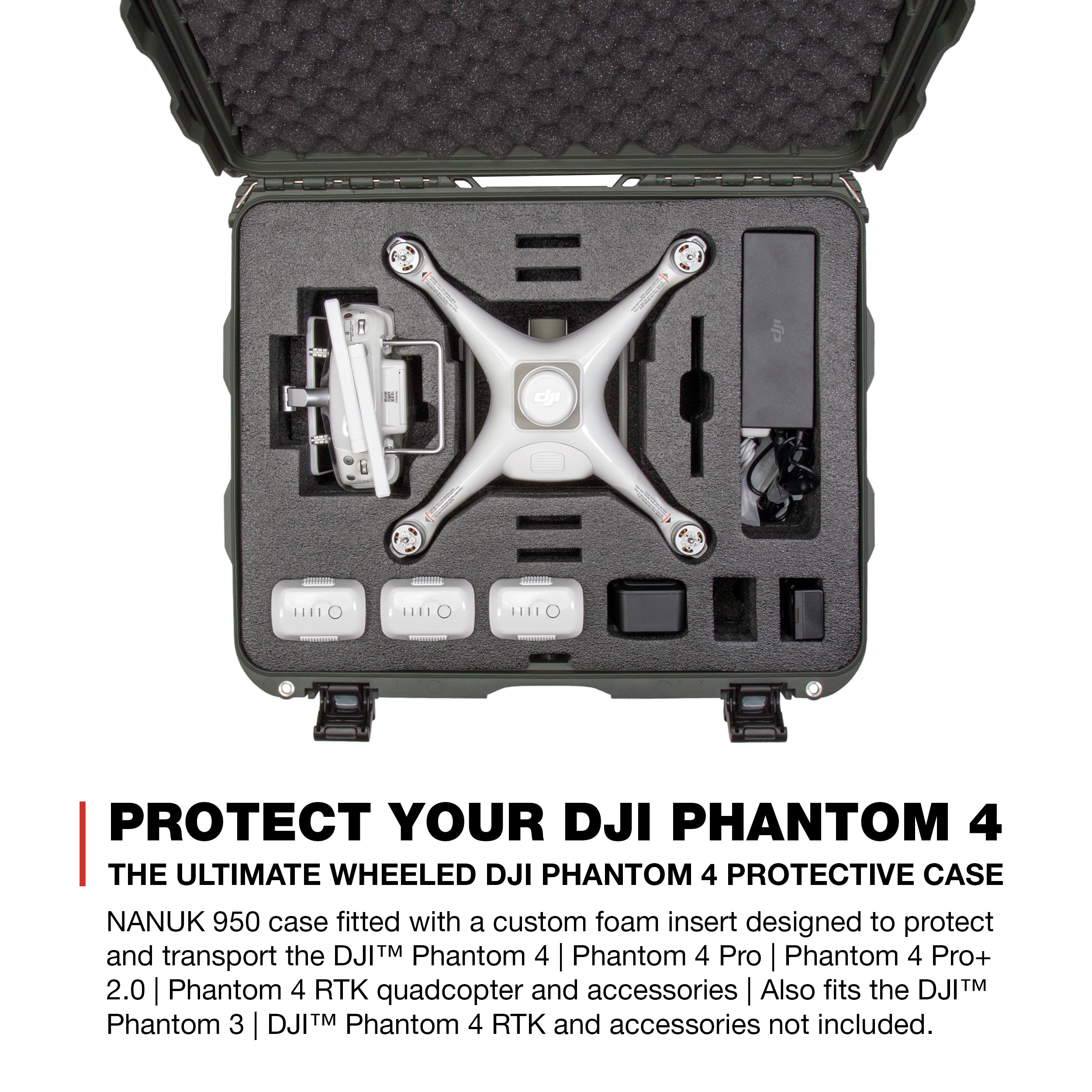 Nanuk 950 Waterproof Hard Drone Case with Wheels and Custom Foam Insert for DJI Phantom 4/ Phantom 4 Pro (Pro+) / Advanced (Advanced+) & Phantom 3 - Olive