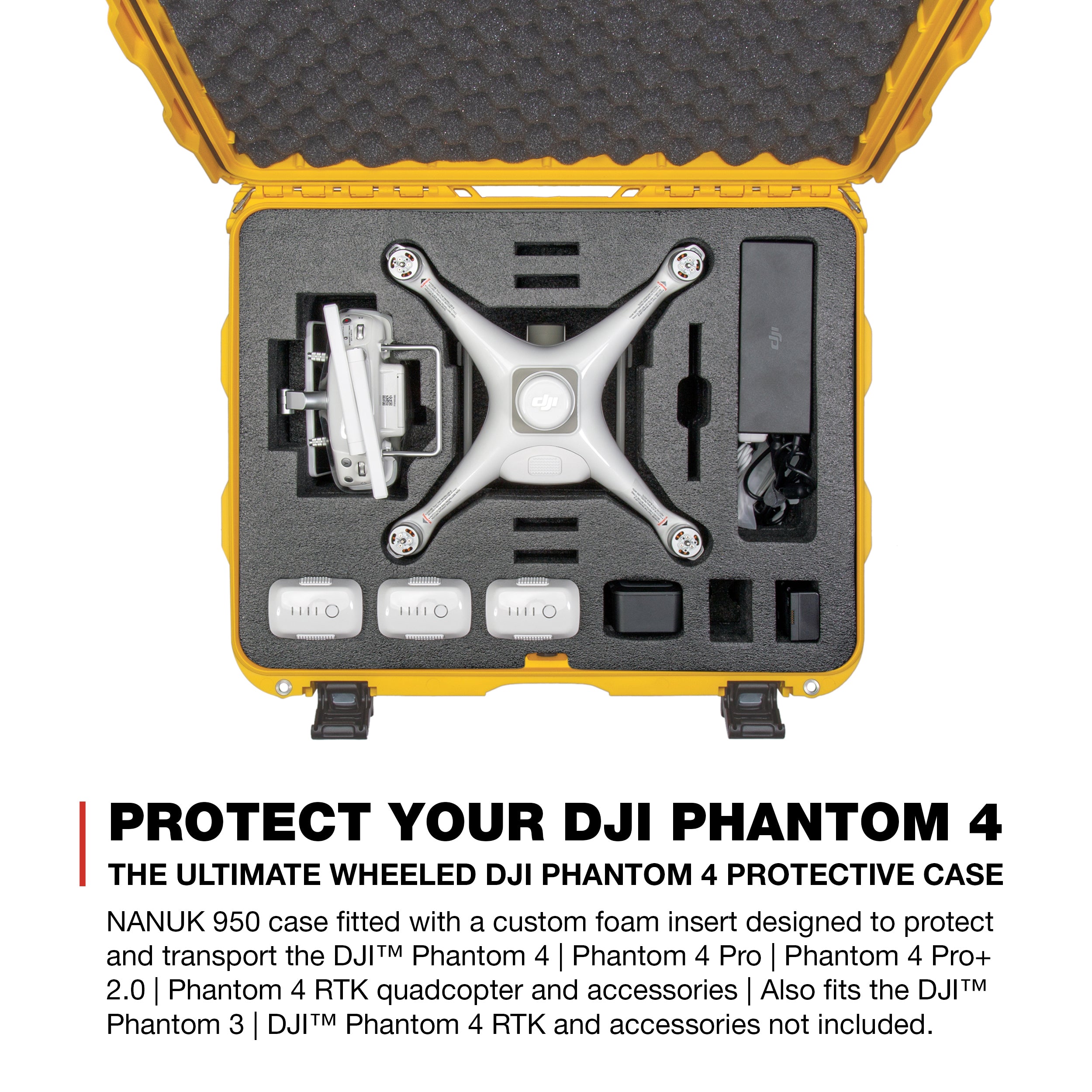 Nanuk 950 Waterproof Hard Drone Case with Wheels and Custom Foam Insert for DJI Phantom 4/ Phantom 4 Pro (Pro+) / Advanced (Advanced+) & Phantom 3 - Yellow